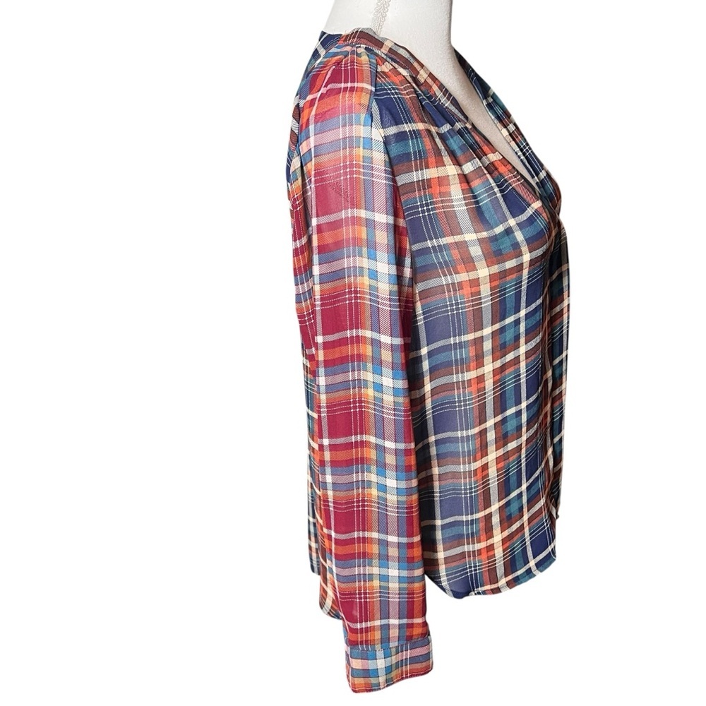 Anthropologie Maeve Sheer Plaid Printed Long Sleeve Blouse V-neck Size Small EUC - Picture 9 of 15